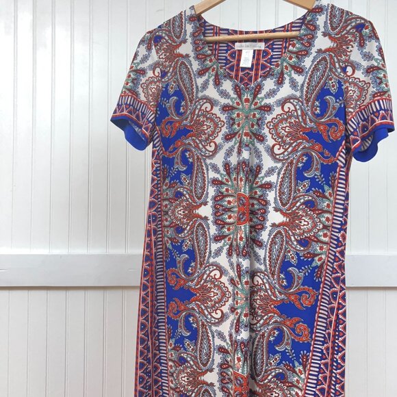 London Times Women Multicolored Paisley Short Sleeve Stretch Shift Dress 4 - Picture 4 of 10